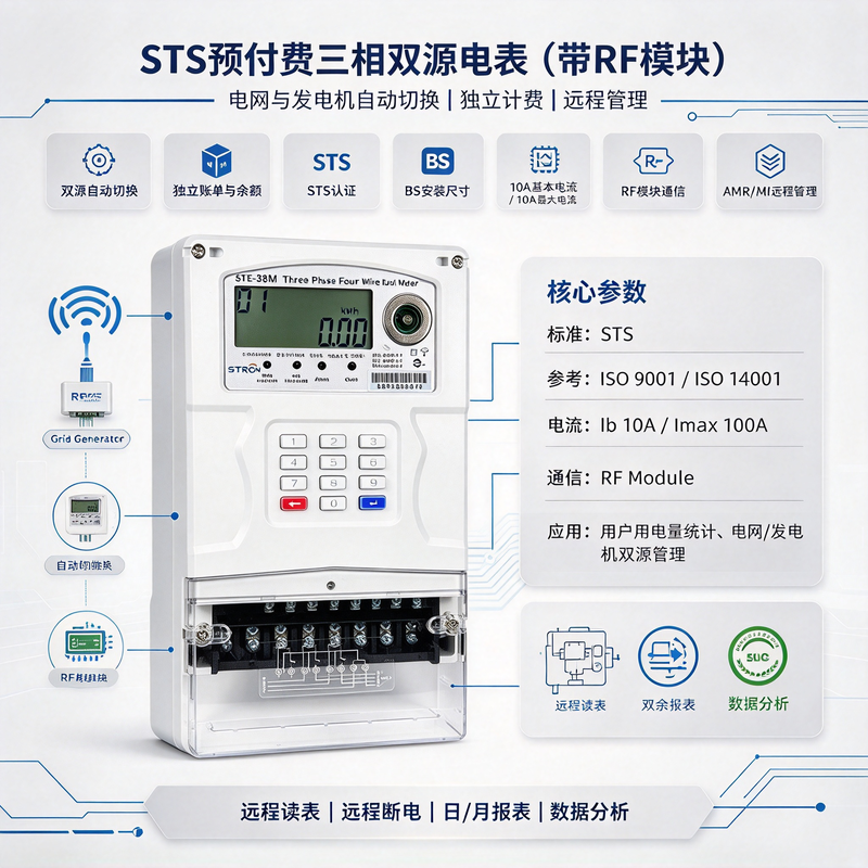 STS three phase four wire with consumption in voltage and current circuits for energy metering and control